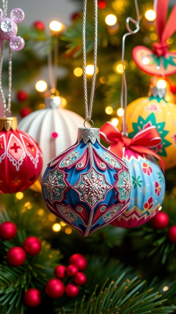 DIY 3D Christmas Ornaments Colorful 3D Christmas ornaments made from paper, decorated with glitter and ribbons, displayed with festive decorations.